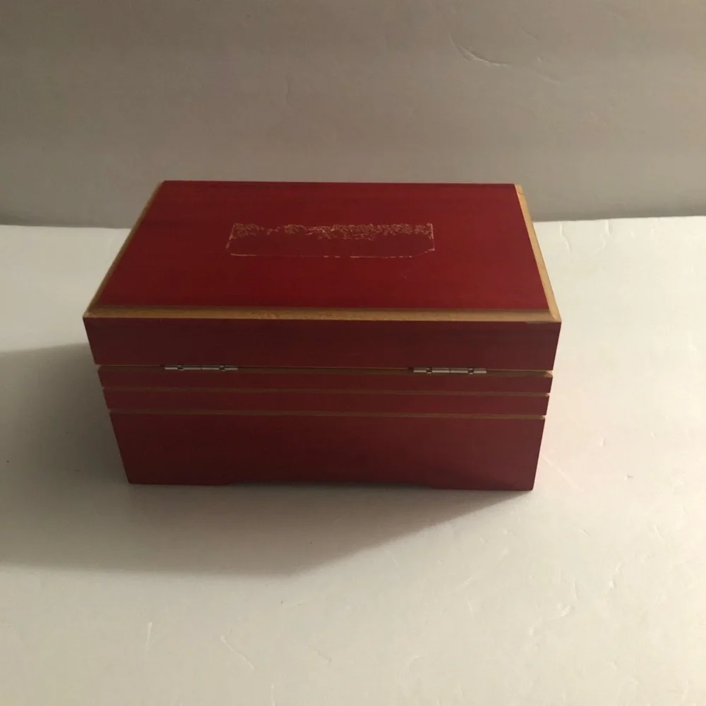 Vintage Red Wooden Jewelry Music Box with Mirror